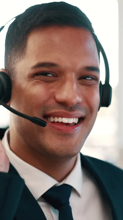Happy man, headset and face at call center for legal advice with microphone Stock Footage 333361687