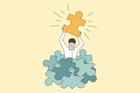 Happy man hold jigsaw puzzle find business solution Stock Illustration