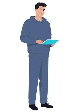 Happy man holding tablet computer in his hands Stock Illustration