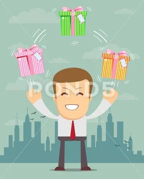 Happy man juggling gift box with bow Stock Illustration