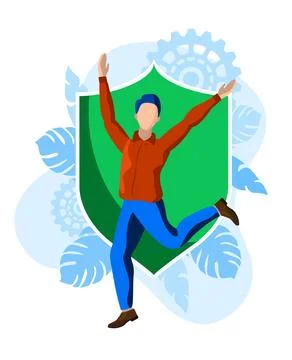 Happy man jumping in front of shield protection, security vector illustration Illustrazione stock