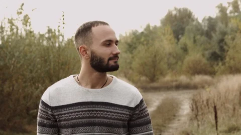 Happy man look at camera. happy man in autumn colors. Video stock 117357741