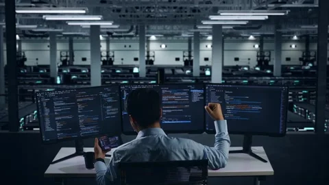 Happy Man Looking At Code On Mobile Phone While Write Code In Data Center Stock Footage 270226827