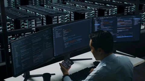Happy Man Looking At Code On Mobile Phone While Write Code In Data Center Stock Footage 270228627