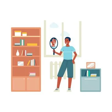 Happy man looking at himself in hand mirror, self acceptance and love Stock Illustration