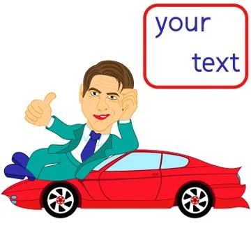 Happy man lying on a red car Stock Illustration