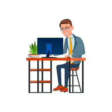 Happy man manager working on computer with financial report cartoon vector Stock Illustration