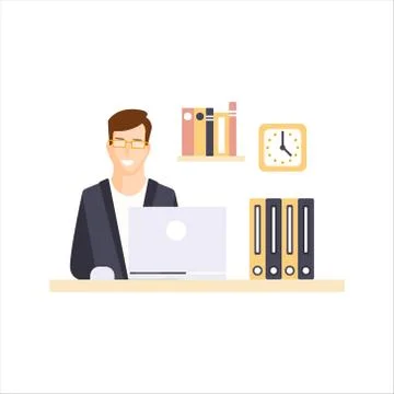 Happy Man Office Worker In Office Cubicle Having His Daily Routine Situation 스톡 일러스트