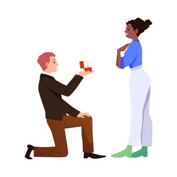 Happy man on one knee proposing to his girlfriend, flat vector illustration Stock Illustration