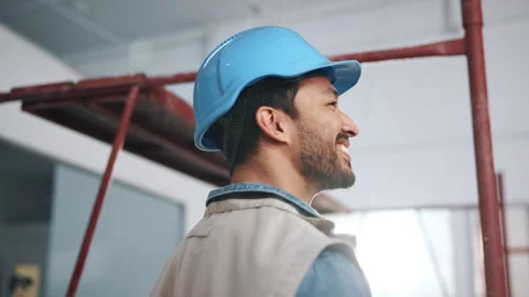 Happy, man or builder thinking on site with construction progress, renovation Stock Footage 341548658