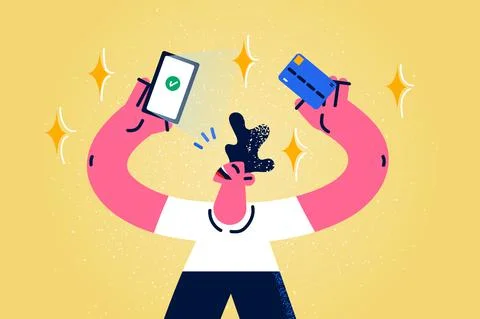 Happy man pay online with credit card on cellphone Stock Illustration