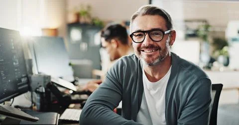 Happy man, programmer and glasses in office for portrait, website development or Foto stock