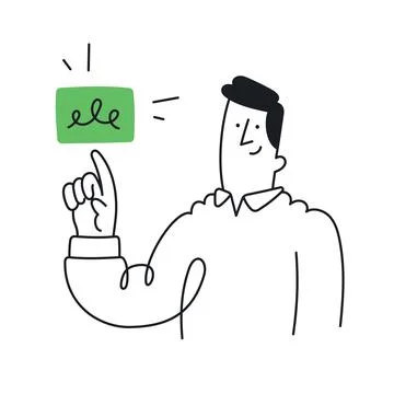 Happy man pushing button. Outline, linear, thin line, doodle art. Simple styl Stock Illustration