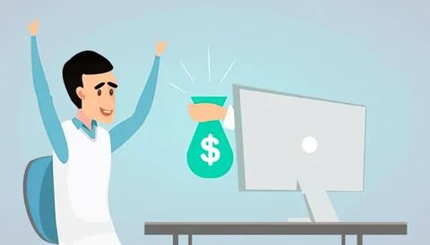 Happy man receiving money from computer screen in office Stock Illustration