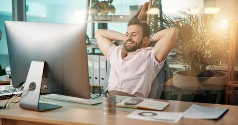 Happy man, relax or computer with rest for done, finished tasks or job Foto stock