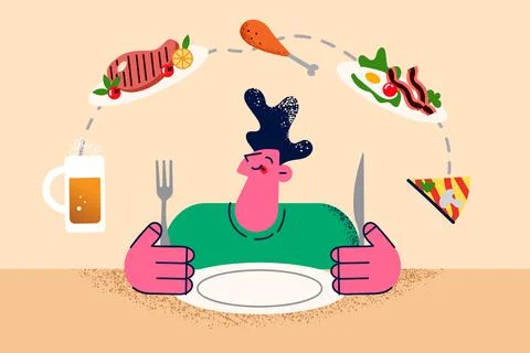 Happy man sit at table think of dish to order Stock Illustration