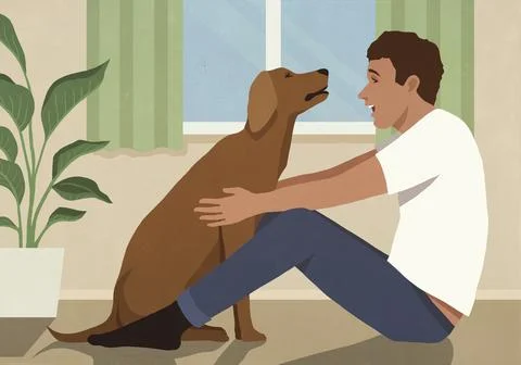 Happy man sitting face to face with pet dog on floor at home Stock Illustration