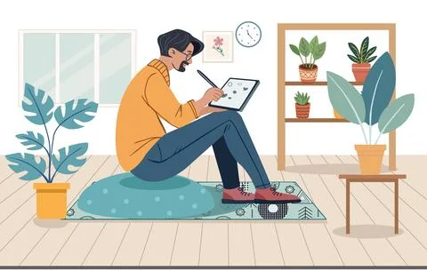 Happy man sitting on the floor using tablet. Stock Illustration