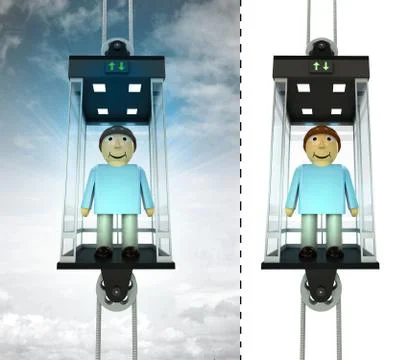 Happy man in sky elevator concept also isolated one illustration Stock Illustration