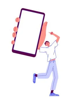 Happy man with smartphone empty screen mobile phone Illustrazione stock