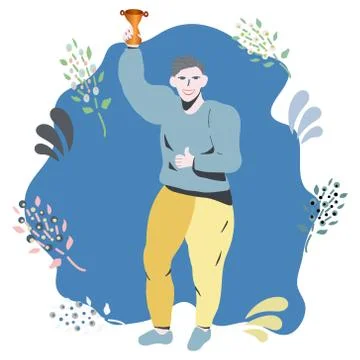 Happy man smiling celebrating win with a gold trophy Stock Illustration