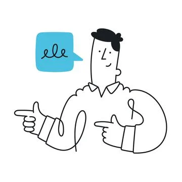 Happy man with speech bubble, pointing aside with fingers. Outline, linear, t Stock Illustration