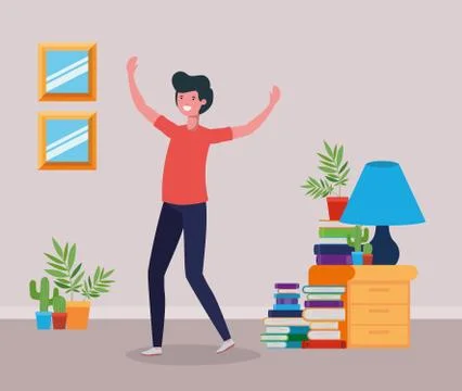 Happy man in study room design Stock Illustration