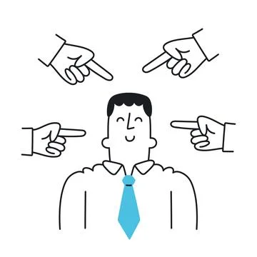 Happy man surrounded by hands pointing at him with fingers. Amazing confide.. Stock Illustration