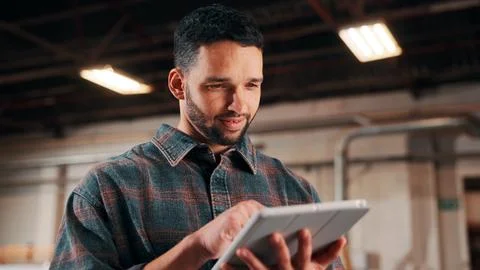 Happy man, tablet and scroll in carpentry workshop, check lumber order or o.. Stock Photos