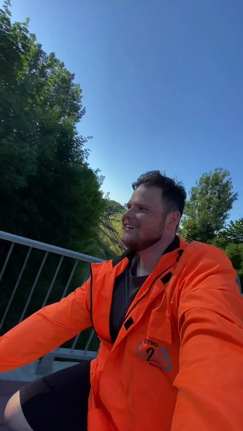 Happy man taking selfie while ride the bicycle Stock Footage 197546513