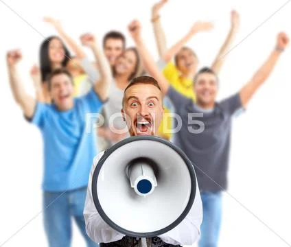 Happy man talking in loud-hailer. Stock Photos