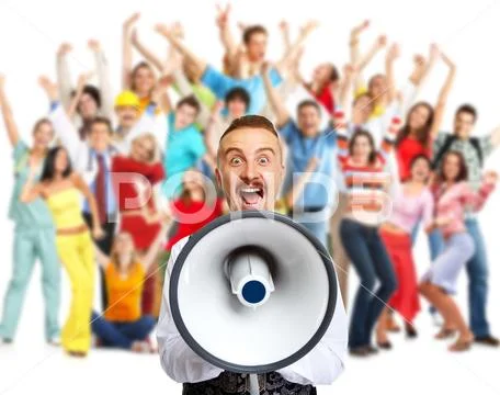 Happy man talking in loud-hailer. Stock Photos