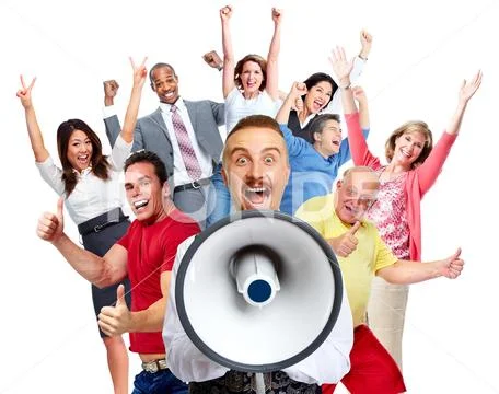 Happy man talking in loud-hailer. Stock Photos