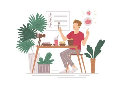 Happy man testing food at table behind video camera, flat vector isolated. Stock Illustration