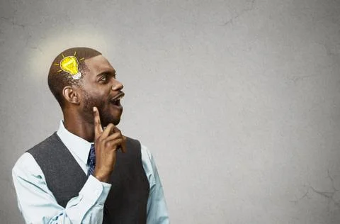 Happy man thinking found solution for problem Stockfoto's