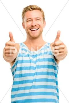 Happy man thumbs up sign - portrait on white background Stock Photos