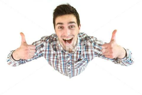 The happy man thumbs up on the white background. View from above Stock Photos