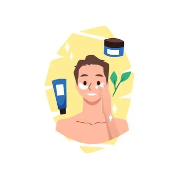 Happy man using eye patches. skin care routine, flat vector illustration 库存插图