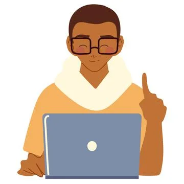 Happy man using laptop computer portrait, vector design Illustrazione stock