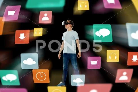 Happy man in virtual reality headset or 3d glasses Stock Photos