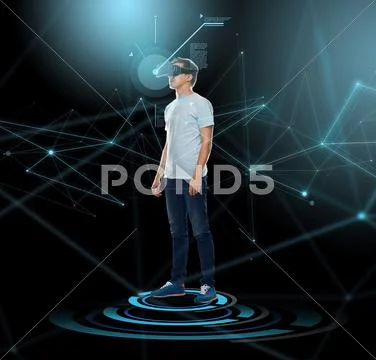 Happy man in virtual reality headset or 3d glasses Stock Photos