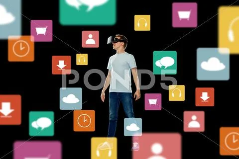 Happy man in virtual reality headset or 3d glasses Stock Photos