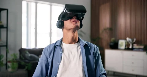 Happy man, vr and game with 3d UI in home for virtual reality, entertainment or Stock Footage 330700107