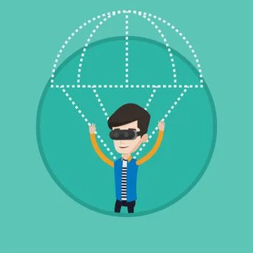 Happy man in vr headset flying with parachute Illustrazione stock