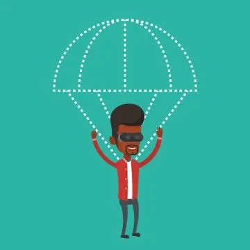 Happy man in vr headset flying with parachute イラスト素材