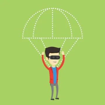 Happy man in vr headset flying with parachute Illustrazione stock