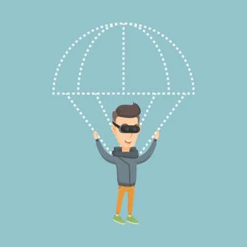 Happy man in vr headset flying with parachute. Illustrazione stock