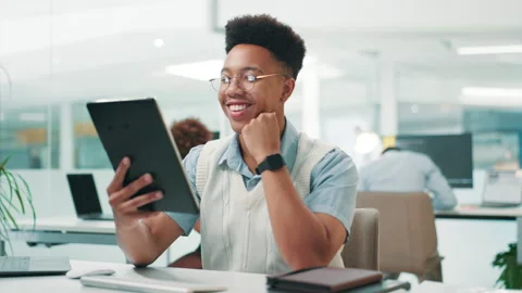 Happy man, web designer and research with tablet for app development or UX and Stock Footage 297239596