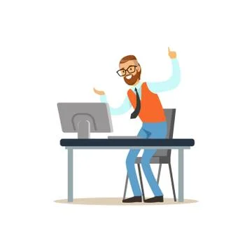 Happy man working on the computer in the office and having idea vector Stock Illustration