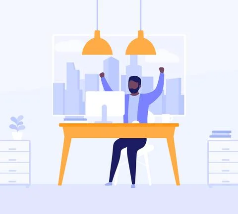 Happy man working in open office space, vector イラスト素材